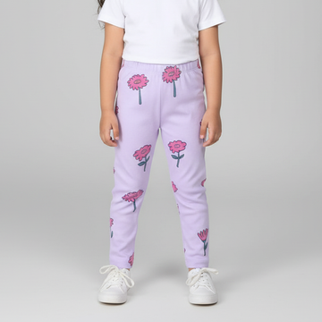 PURPLE WITH PINK FLOWERS PRINTED RIBBED FABRIC PAJAMA TROUSER